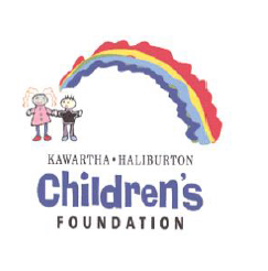 Kawartha-Haliburton Children's Foundation logo children's drawing with two children holding hands one wearing pink, one wearing black, both beside a colourful rainbow. Text below reads Kawartha-Haliburton Children's Foundation.