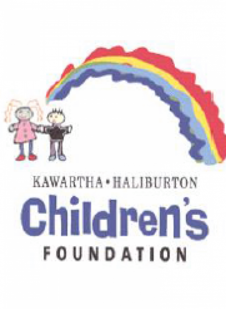 Kawartha-Haliburton Children's Foundation logo children's drawing with two children holding hands one wearing pink, one wearing black, both beside a colourful rainbow. Text below reads Kawartha-Haliburton Children's Foundation.