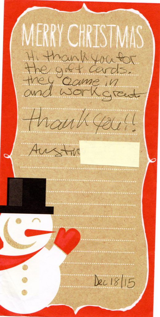 Thank you note for the gift cards a youth received 