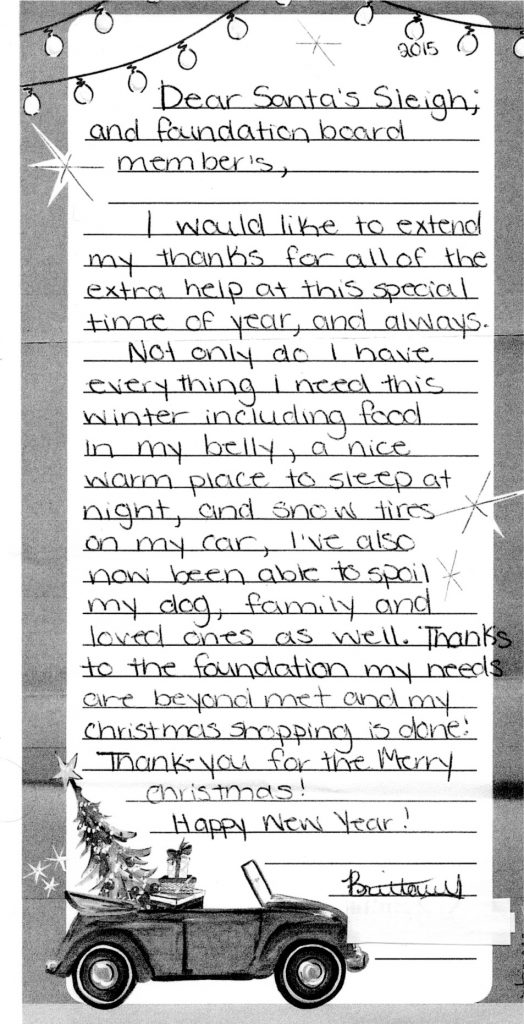 A letter written by a child to thank the people who donated to Santa's Sleigh 