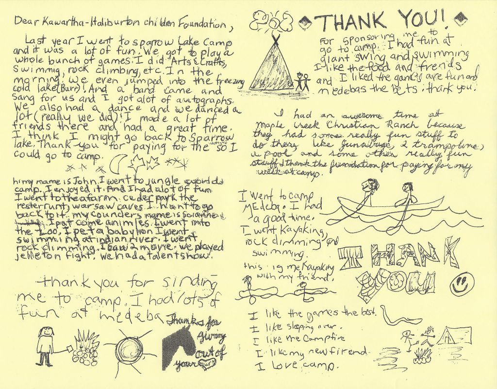 A thank you letter to the donors at the KHCF for sending a child to camp