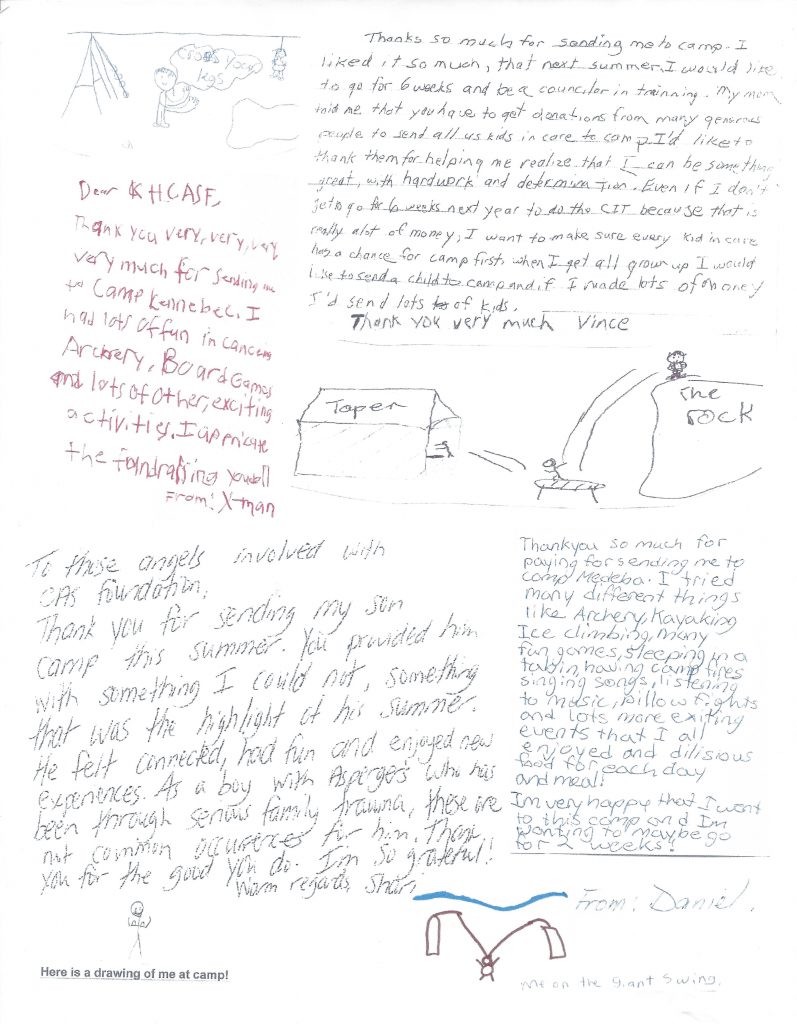 A thank you letter to the donors at the KHCF for sending a child to camp 