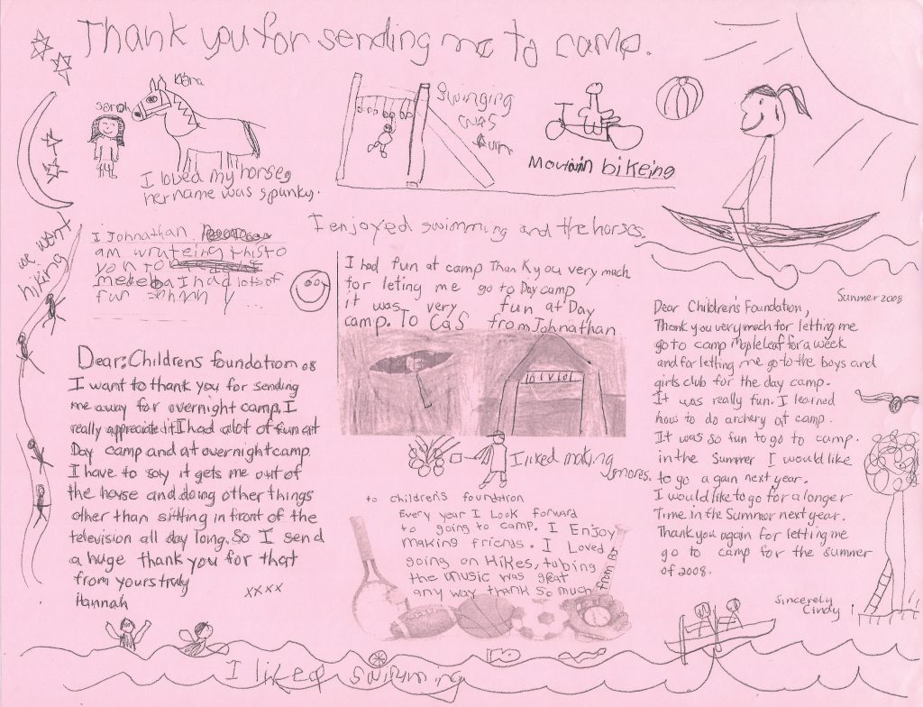 A thank you letter to the donors at the KHCF for sending a child to camp