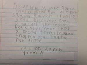 A letter written to the donors of the KHCF from a child who attended camp