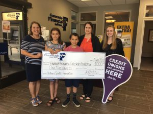 A family with two children holding up a giant cheque received from a credit unions support.