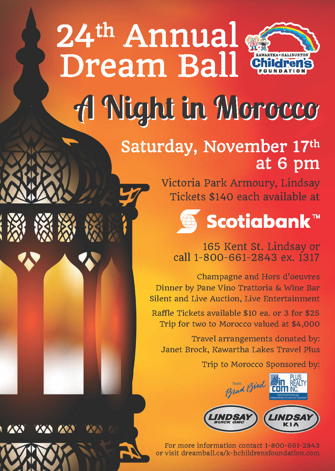 An orange poster for the 24th annual Dream Ball, titled A Night in Morocco, with an image of a palace-like building in the background.