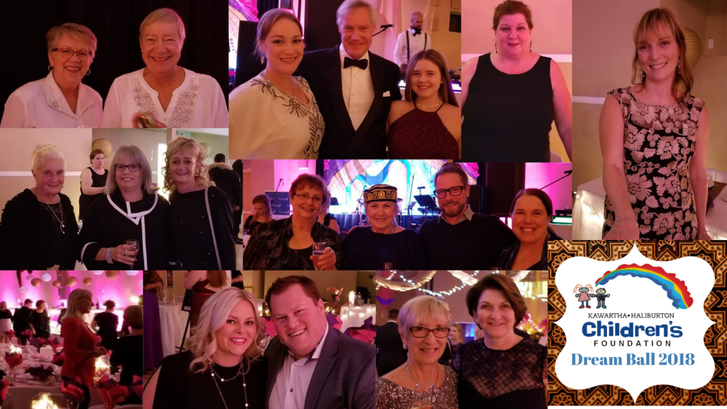 A collage of photos taken at the 2018 Dream Ball, most of them featuring adults in formal wear facing the camera and smiling.