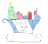 A child's drawing of a blue and white sleigh with the words Santa's Sleigh 2018 on it, the sleigh carrying three presents and a Christmas tree.