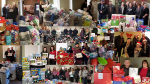 A collage of various photos related to the Santa's Sleigh 2018 event, many of them showing foundation members standing behind a large pile of boxes and bags containing presents.