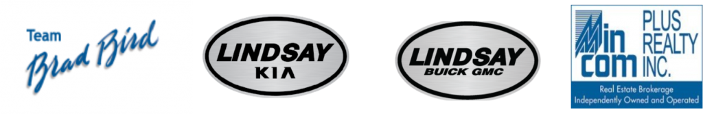 The Team Brad Bird logo, Lindsay Kia logo, Lindsay Buick GMC logo, and Min Com Plus Realty Inc logo, side by side.