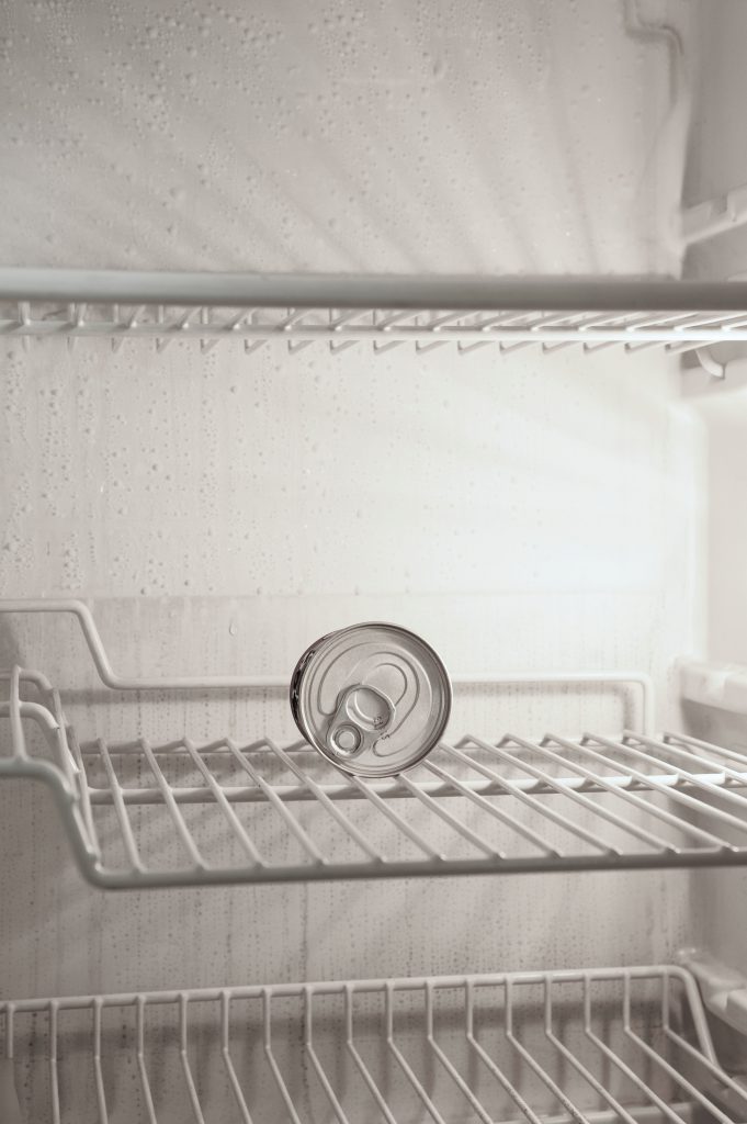 The inside of a fridge, empty except for one can of unknown food lying on its side.