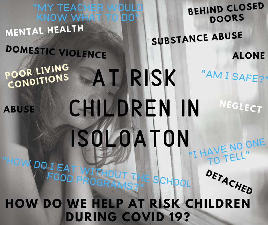 A greyscale photo of a young girl sadly looking out of a window. The words AT RISK CHILDREN IN ISOLATION are on top of the image in the center, with the words MENTAL HEALTH, DOMESTIC VIOLENCE, POOR LIVING CONDITIONS, ABUSE, "HOW DO I EAT WITHOUT THE SCHOOL FOOD PROGRAMS?" DETACHED, "I HAVE NO ONE TO TELL", NEGLECT, "AM I SAFE?", ALONE, SUBSTANCE ABUSE, BEHIND CLOSED DOORS, and "MY TEACHER WOULD KNOW WHAT TO DO" around it in smaller letters. At the bottom, it reads HOW DO WE HELP AT RISK CHILDREN DURING COVID 19?