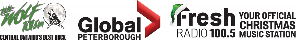 The logos of The Wolf 101.5, Global Peterborough, and Fresh Radio 100.5