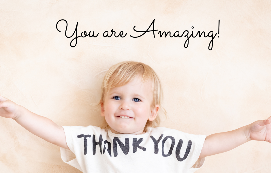 A photo of a child wearing a shirt that says "THANK YOU", with the words "you are amazing" above their head.