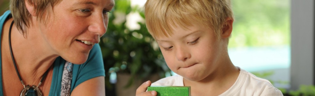 Mother helping a child with wooden blocks