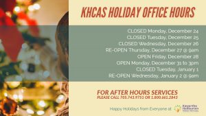 Holiday graphic that depicts the office hours of the Peterborough, Lindsay and Haliburton offices