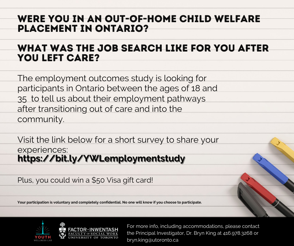 Promotional image prompting individuals who were out of home child welfare placements to complete a survey at http://bit.ly/YWLemploymentstudy